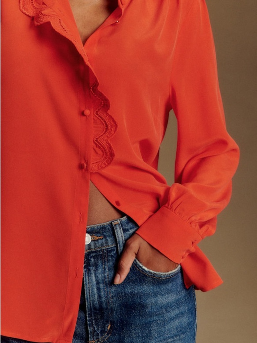 Sezane CHLO SHIRT Orange Button-Front Blouse with Scalloped Trim